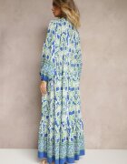 m&d fashion Rochie Albastru-Verde Evazată cu Model Ornamental Decorată cu Legătură cu Ciucuri Ridira