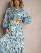 m&d fashion Rochie Albastru-Verde Evazată cu Model Ornamental Decorată cu Legătură cu Ciucuri Ridira