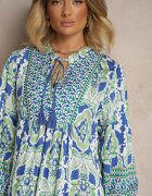 m&d fashion Rochie Albastru-Verde Evazată cu Model Ornamental Decorată cu Legătură cu Ciucuri Ridira