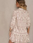 m&d fashion Rochie bej cloș din viscoză cu imprimeu etnic cu legătură cu ciucuri Ravpio