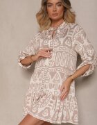 m&d fashion Rochie bej cloș din viscoză cu imprimeu etnic cu legătură cu ciucuri Ravpio