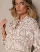 m&d fashion Rochie bej cloș din viscoză cu imprimeu etnic cu legătură cu ciucuri Ravpio
