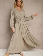 m&d fashion Rochie bej cu in și viscoză cu croială evazată cu nasturi decorativi Maitena