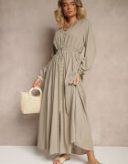 m&d fashion Rochie bej cu in și viscoză cu croială evazată cu nasturi decorativi Maitena