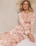 m&d fashion Rochie Bej cu Viscoză cu Croială Evazată cu Volane cu Imprimeu Etnic Korimira