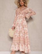 m&d fashion Rochie Bej cu Viscoză cu Croială Evazată cu Volane cu Imprimeu Etnic Korimira