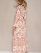 m&d fashion Rochie Bej cu Viscoză cu Croială Evazată cu Volane cu Imprimeu Etnic Korimira