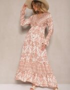 m&d fashion Rochie Bej cu Viscoză cu Croială Evazată cu Volane cu Imprimeu Etnic Korimira
