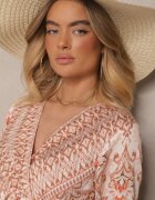 m&d fashion Rochie Bej cu Viscoză cu Croială Evazată cu Volane cu Imprimeu Etnic Korimira