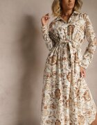 m&d fashion Rochie bej deschis din viscoză cu imprimeu floral stil cămașă cu centură Zelkiona