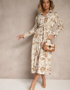 m&d fashion Rochie bej deschis din viscoză cu imprimeu floral stil cămașă cu centură Zelkiona