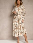 m&d fashion Rochie bej deschis din viscoză cu imprimeu floral stil cămașă cu centură Zelkiona
