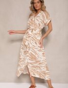 m&d fashion Rochie Bej deschisă de bumbac cu imprimeu zebră cu croială tip cămașă și cordon legat Florloti