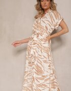 m&d fashion Rochie Bej deschisă de bumbac cu imprimeu zebră cu croială tip cămașă și cordon legat Florloti