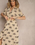 m&d fashion Rochie Bej din Viscoză cu croială tip cămașă cu broderie și curea cu cataramă Lioessa
