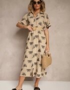 m&d fashion Rochie Bej din Viscoză cu croială tip cămașă cu broderie și curea cu cataramă Lioessa