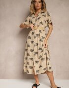 m&d fashion Rochie Bej din Viscoză cu croială tip cămașă cu broderie și curea cu cataramă Lioessa
