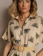 m&d fashion Rochie Bej din Viscoză cu croială tip cămașă cu broderie și curea cu cataramă Lioessa