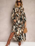 m&d fashion Rochie Bej-Maro Evazată tip Cămașă cu Imprimeu Abstract Asequa