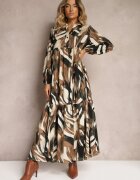 m&d fashion Rochie Bej-Maro Evazată tip Cămașă cu Imprimeu Abstract Asequa