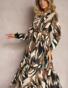 m&d fashion Rochie Bej-Maro Evazată tip Cămașă cu Imprimeu Abstract Asequa