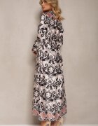 m&d fashion Rochie Bej-Neagră Satinată cu Model Ornamental cu Fason Tip Cutie Elirosa