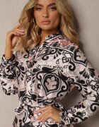 m&d fashion Rochie Bej-Neagră Satinată cu Model Ornamental cu Fason Tip Cutie Elirosa