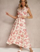 m&d fashion Rochie Bej-Roz din Viscoză cu curea și Model Abstract Rinalora