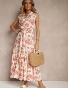 m&d fashion Rochie Bej-Roz din Viscoză cu curea și Model Abstract Rinalora