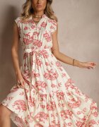m&d fashion Rochie Bej-Roz din Viscoză cu curea și Model Abstract Rinalora