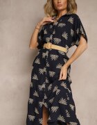 m&d fashion Rochie Bleumarin Din Viscoză Stil Cămașă cu Broderie și Curea cu Cataramă Lioessa