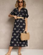 m&d fashion Rochie Bleumarin Din Viscoză Stil Cămașă cu Broderie și Curea cu Cataramă Lioessa