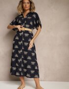 m&d fashion Rochie Bleumarin Din Viscoză Stil Cămașă cu Broderie și Curea cu Cataramă Lioessa