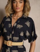 m&d fashion Rochie Bleumarin Din Viscoză Stil Cămașă cu Broderie și Curea cu Cataramă Lioessa