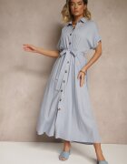 m&d fashion Rochie Cămașă Albastră din Vâscoză și In Decorată cu Curea Lunie