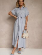 m&d fashion Rochie Cămașă Albastră din Vâscoză și In Decorată cu Curea Lunie