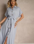 m&d fashion Rochie Cămașă Albastră din Vâscoză și In Decorată cu Curea Lunie