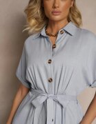 m&d fashion Rochie Cămașă Albastră din Vâscoză și In Decorată cu Curea Lunie