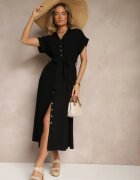 m&d fashion Rochie Cămașă Neagră de Bumbac cu Cordon Legat și Mânecă Scurtă Elannoria