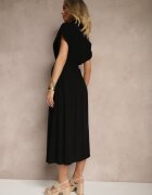 m&d fashion Rochie Cămașă Neagră de Bumbac cu Cordon Legat și Mânecă Scurtă Elannoria