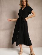 m&d fashion Rochie Cămașă Neagră de Bumbac cu Cordon Legat și Mânecă Scurtă Elannoria