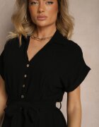 m&d fashion Rochie Cămașă Neagră de Bumbac cu Cordon Legat și Mânecă Scurtă Elannoria