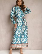 m&d fashion Rochie Casetată Albastră De Satin Cu Cordon În Talie Cu Imprimeu Ornamental Tarosa