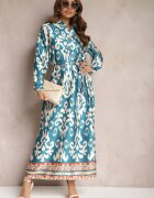 m&d fashion Rochie Casetată Albastră De Satin Cu Cordon În Talie Cu Imprimeu Ornamental Tarosa