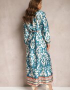 m&d fashion Rochie Casetată Albastră De Satin Cu Cordon În Talie Cu Imprimeu Ornamental Tarosa