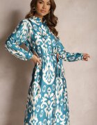 m&d fashion Rochie Casetată Albastră De Satin Cu Cordon În Talie Cu Imprimeu Ornamental Tarosa