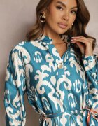 m&d fashion Rochie Casetată Albastră De Satin Cu Cordon În Talie Cu Imprimeu Ornamental Tarosa