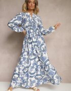 m&d fashion Rochie Cloche Albastră din Viscoză Legată la Decolteu cu Imprimeu Floral Koriselle