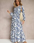 m&d fashion Rochie Cloche Albastră din Viscoză Legată la Decolteu cu Imprimeu Floral Koriselle