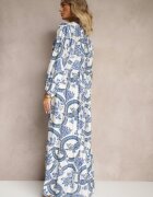m&d fashion Rochie Cloche Albastră din Viscoză Legată la Decolteu cu Imprimeu Floral Koriselle